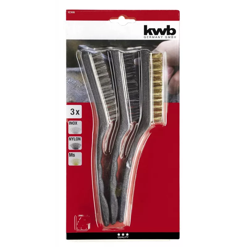kwb Set de 3 cepillos de alambre – cerdas de acero, latón y nailon con mangos ergonómicos (923490)