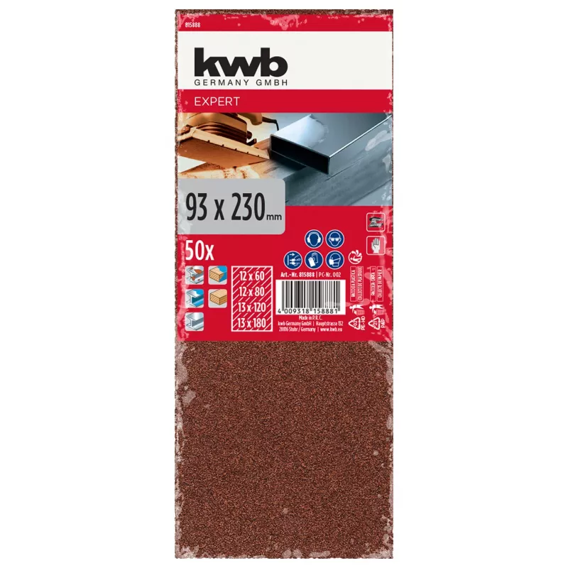KWB 815888 Hojas de papel de lija, grano P60/P80/P120/P180, 230 x 93 mm, 50 uds.