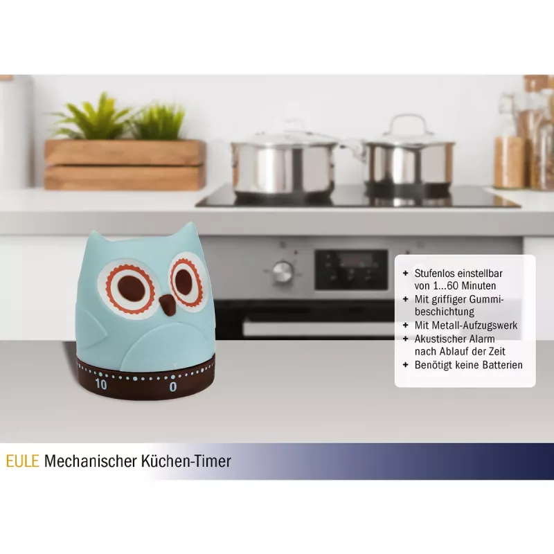 TFA Dostmann Búho Temporizador de cocina mecánico, turquesa, 60 minutos, analógico, sin pilas 38.1039