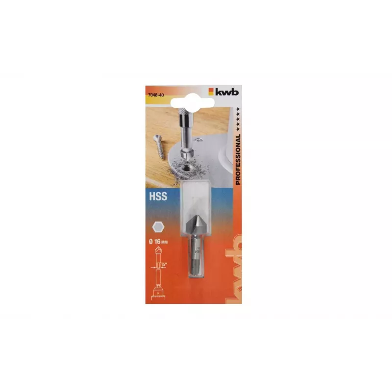 KWB 704840 Avellanador de punta cónica HSS 16 mm, 90°, 3 cortes, vástago cilíndrico