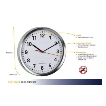 TFA Dostmann 60.3529.02 Reloj de pared radiocontrolado 220 mm aluminio segundero continuo