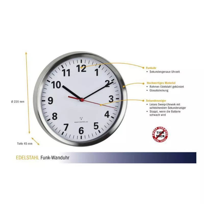 TFA Dostmann 60.3529.02 Reloj de pared radiocontrolado 220 mm aluminio segundero continuo