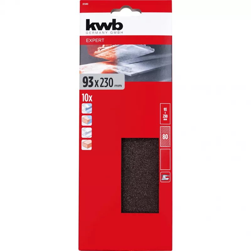 KWB 815080 Hojas de papel de lija grano 80, 230 x 93 mm, pack de 10