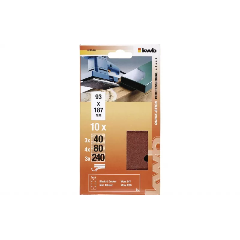 KWB 817980 Hojas de papel de lija, grano P40/P80/P240, 186 x 93 mm, 10 uds.