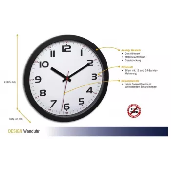TFA Dostmann 60.3050.01 Reloj de pared de cuarzo 305 mm negro