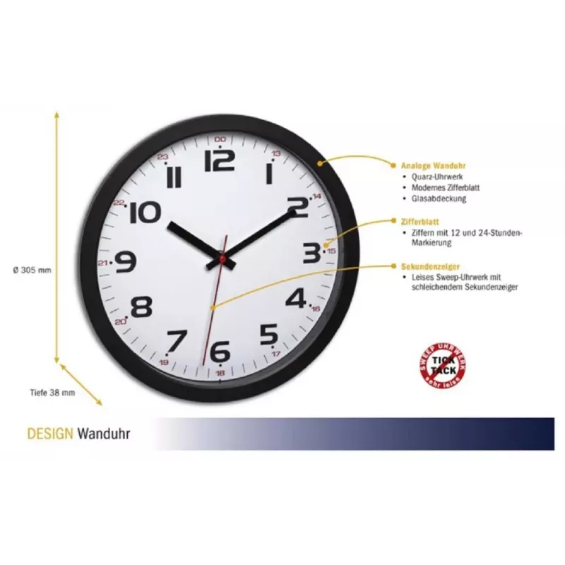 TFA Dostmann 60.3050.01 Reloj de pared de cuarzo 305 mm negro