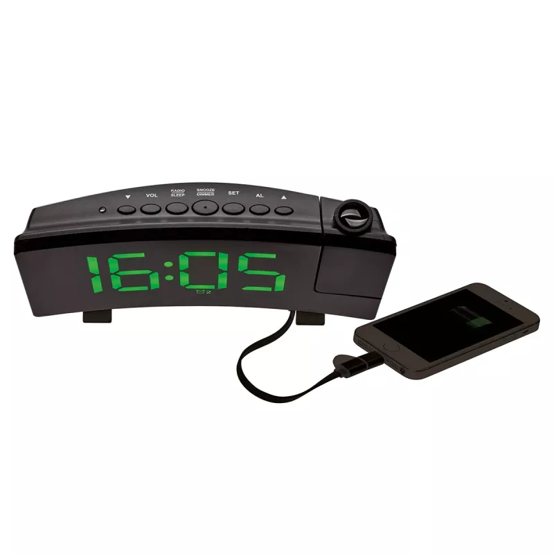 TFA Dostmann Despertador radiocontrolado con proyección y función de carga USB - Despertador digital - Rectangular - Negro - Plástico - Hora - LED (60.5015.04)