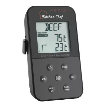 TFA Dostmann 14.1504 Termómetro de parrilla con sonda de cable, alarma, temporizador, control de temperatura interior para cocción lenta, cerdo, ternera, caza, pavo, cordero, conejo
