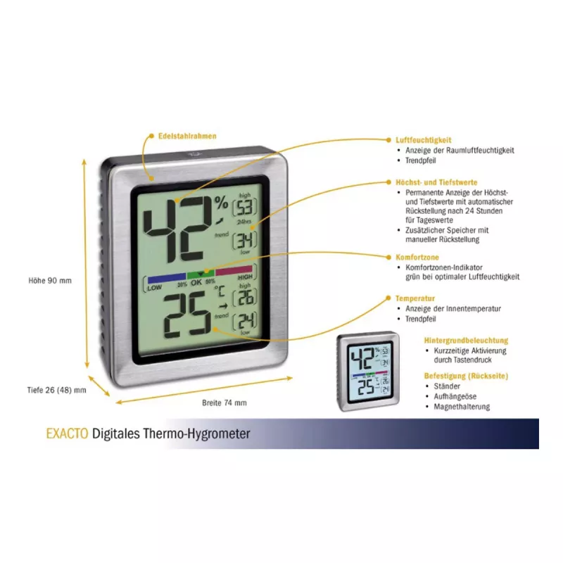 TFA Dostmann EXACTO Termo-higrómetro digital plateado 30.5047.54.K