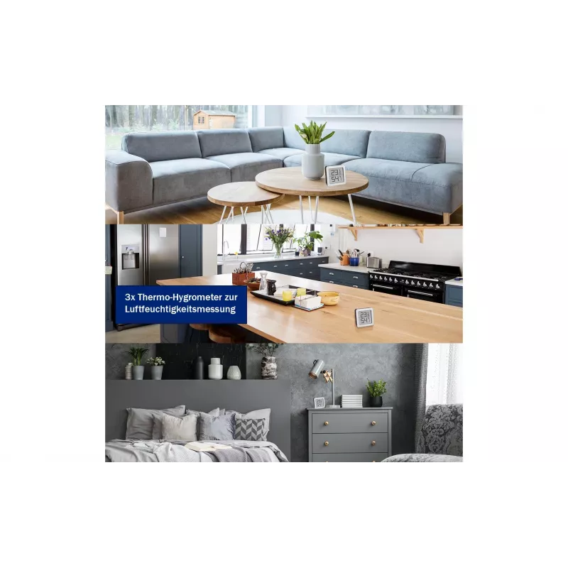TFA Dostmann 95.2019.54 termo-higrómetro digital set de 3 para control del clima interior, blanco/plata