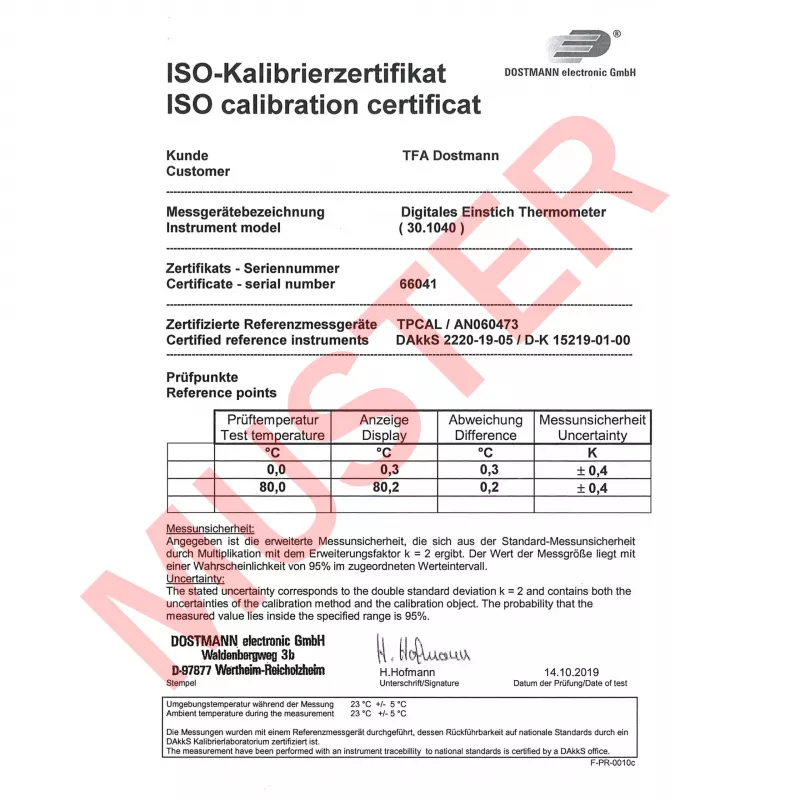 TFA Dostmann 30.1040.K termómetro de cocina calibrado (ISO) con apagado automático, HACCP y EN 13485, control de temperatura en el centro