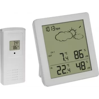 TFA Dostmann CLEAR estación meteorológica inalámbrica con sensor exterior, previsión 12-24 h, reloj radiocontrolado, negra 35.1168.02