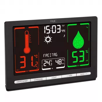 TFA Dostmann METEOCHROME Estación meteorológica inalámbrica con pantalla en color, previsión 12-24 h, sensor exterior, reloj DCF-77 35.1132.01