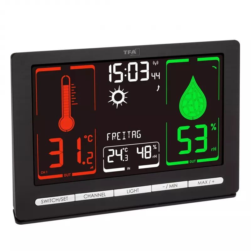 TFA Dostmann METEOCHROME Estación meteorológica inalámbrica con pantalla en color, previsión 12-24 h, sensor exterior, reloj DCF-77 35.1132.01