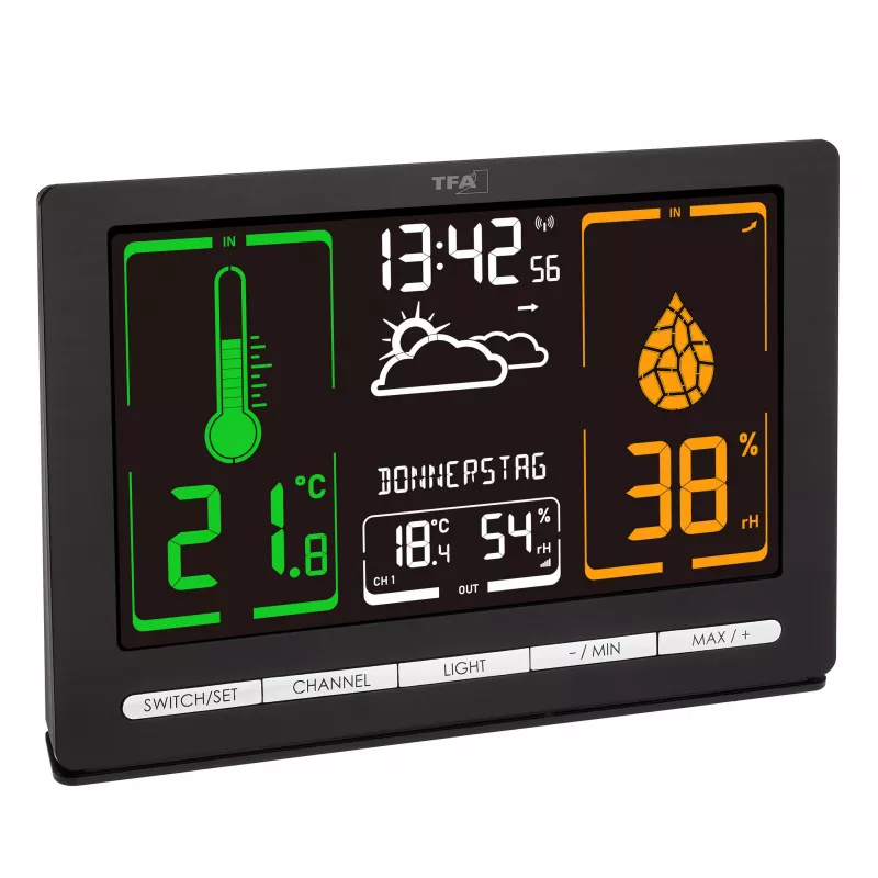 TFA Dostmann METEOCHROME Estación meteorológica inalámbrica con pantalla en color, previsión 12-24 h, sensor exterior, reloj DCF-77 35.1132.01
