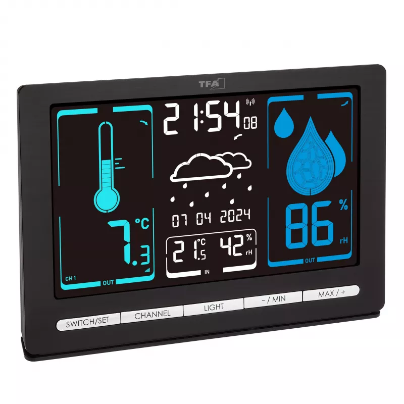 TFA Dostmann METEOCHROME Estación meteorológica inalámbrica con pantalla en color, previsión 12-24 h, sensor exterior, reloj DCF-77 35.1132.01