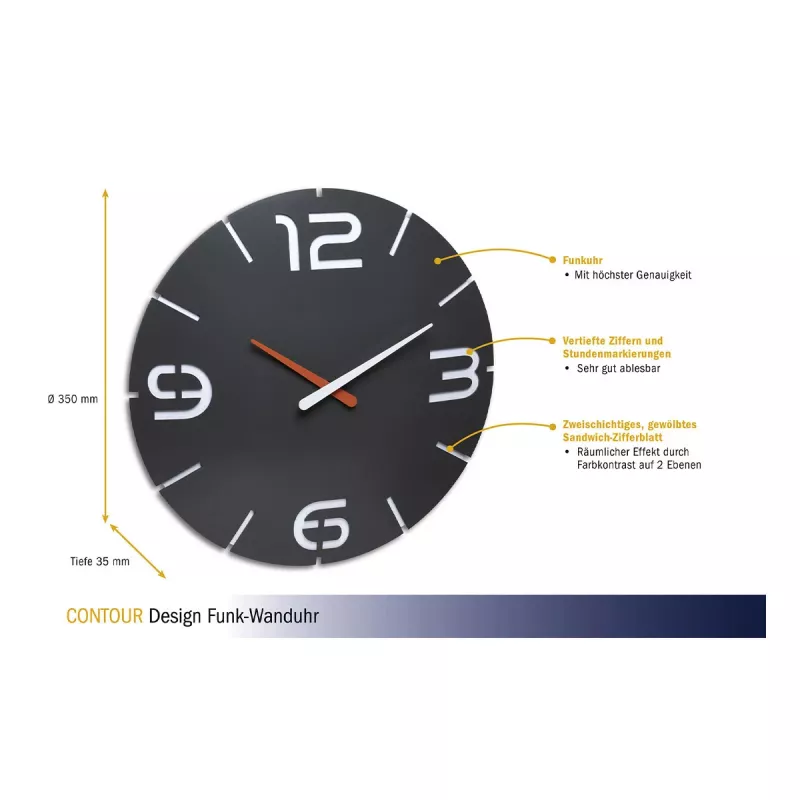 TFA Dostmann Reloj de pared radiofónico de diseño Contour, negro/blanco (60.3536.10)