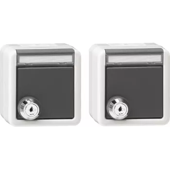 Gira set de 2 tomas de corriente SCHUKO con cerradura y tapa abatible, superficie, IP44, cierre igual, blanco puro 456030