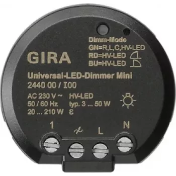 GIRA 244000 Módulo regulador LED universal, empotrar, electrónico, 230 V AC, 3-100 W LED / 20-200 W halógeno, corte de fase, arranque suave, función de memoria