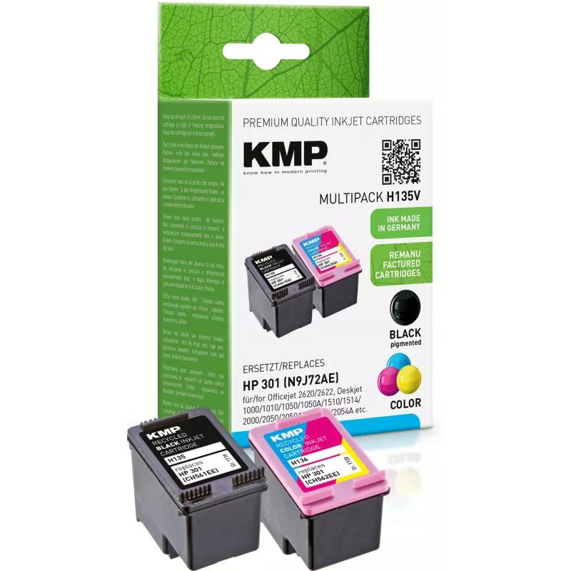 KMP MULTIPACK H135V – pack de 2 cartuchos de tinta negro y tricolor (alternativa a HP 301XL)