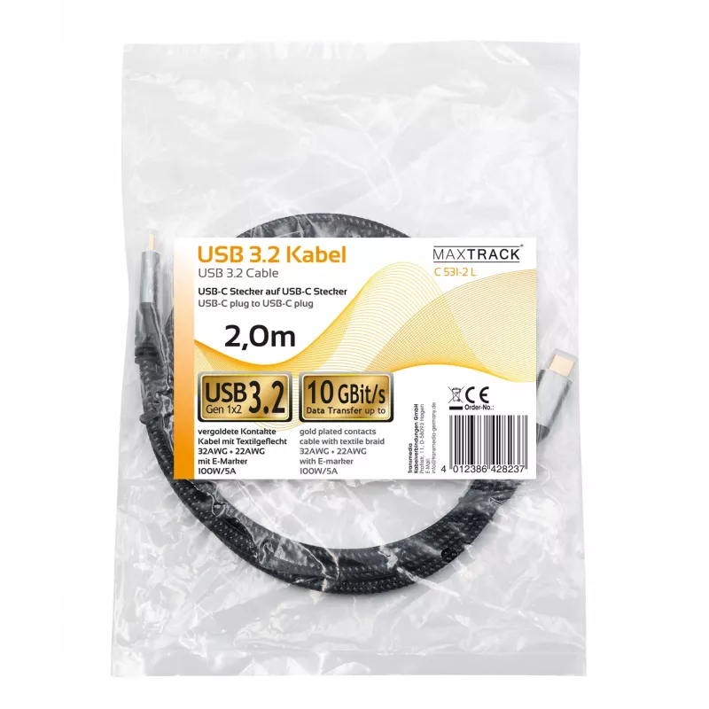 Maxtrack C531-2L cable USB-C a USB-C 3.2 Gen2 10Gbps 100W PD 2m negro