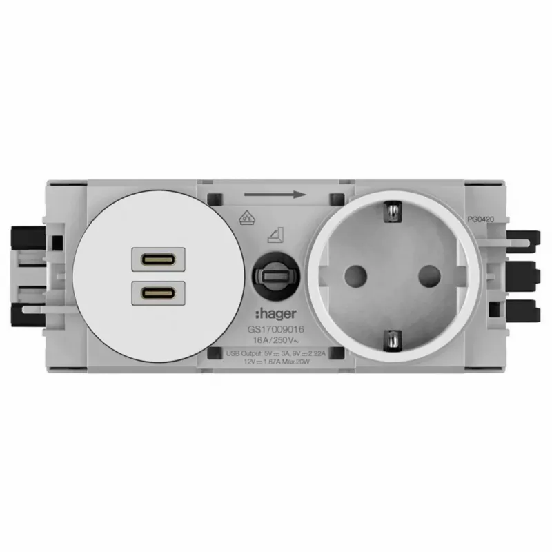 Hager toma SCHUKO de empotrar Winsta con cargador 2x USB-C PD 20W, blanco puro GS17009016