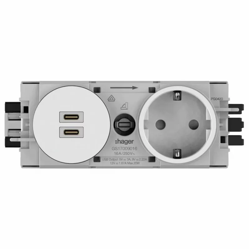 Hager toma SCHUKO de empotrar Winsta con cargador 2x USB-C PD 20W, blanco puro GS17009016