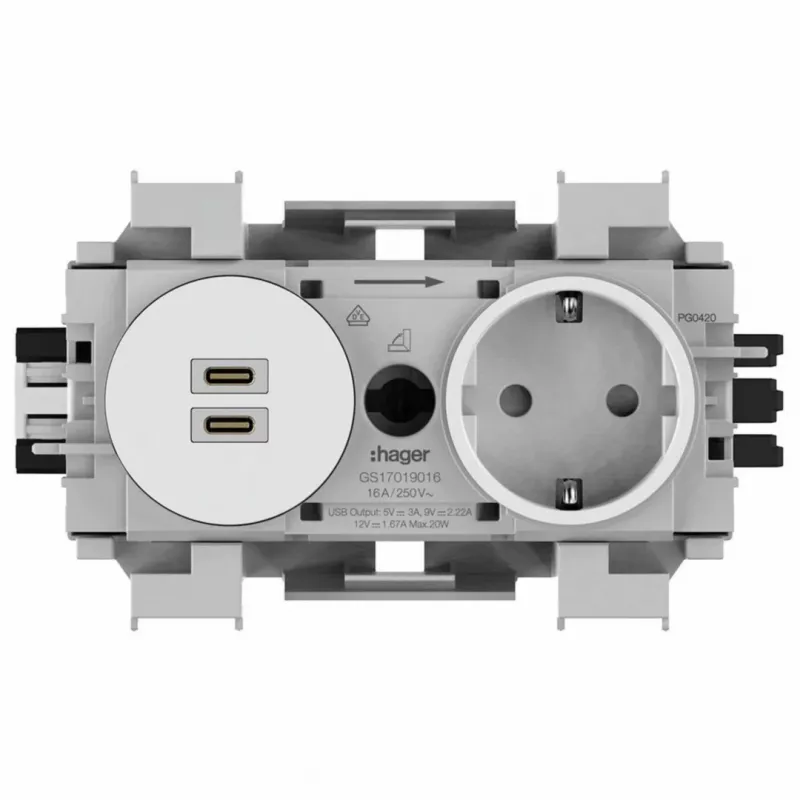 Hager base de enchufe Schuko Winsta con cargador Dual USB-C PD 20W, blanco polar GS17019016