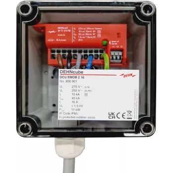 DEHN DEHNcube EMOB Tipo 2 Dispositivo de protección contra sobretensiones para puntos de carga AC de electromovilidad, bipolar, 230 V, 40 kA, IP65, prensaestopas M25 900901