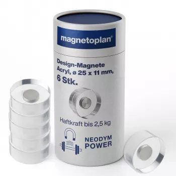 MAGNETOPLAN HOLTZ magnetoplan imanes de diseño, 25 mm, pack de 6 imanes de neodimio con mango de acrílico transparente, pulido (1680025)