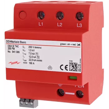 DEHN DSH B TNC 255 FM Type 1+2 pararrayos combinado para sistemas TN-C, 3 polos, 255 V AC, 25 kA (10/350 µs), señalización remota 941306