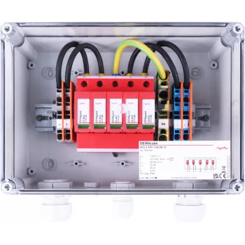 DEHN DCU 2 YPV 1100 2M 1S Tipo 2 dispositivo de protección contra sobretensiones para instalaciones fotovoltaicas, 2 MPPT, 1 string por MPPT, 1100 V DC, carcasa IP65 900921