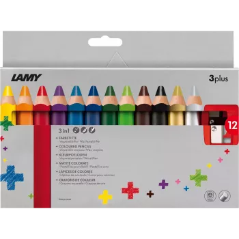 LAMY 3plus lápices de colores set de 12, minas extra gruesas de 3,3 mm irrompibles, zona de agarre triangular ergonómica, colores surtidos 1223548
