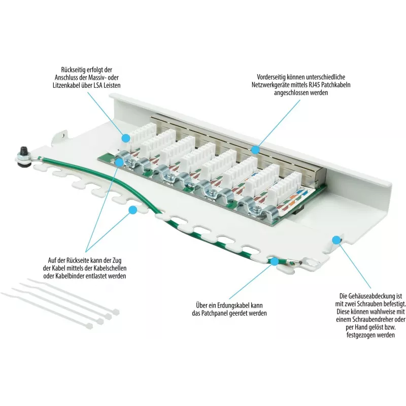 GoodConnections GC-N0113 panel de parcheo de escritorio Cat.6 8 puertos STP, 0,5U, sin herramientas, blanco puro RAL9010