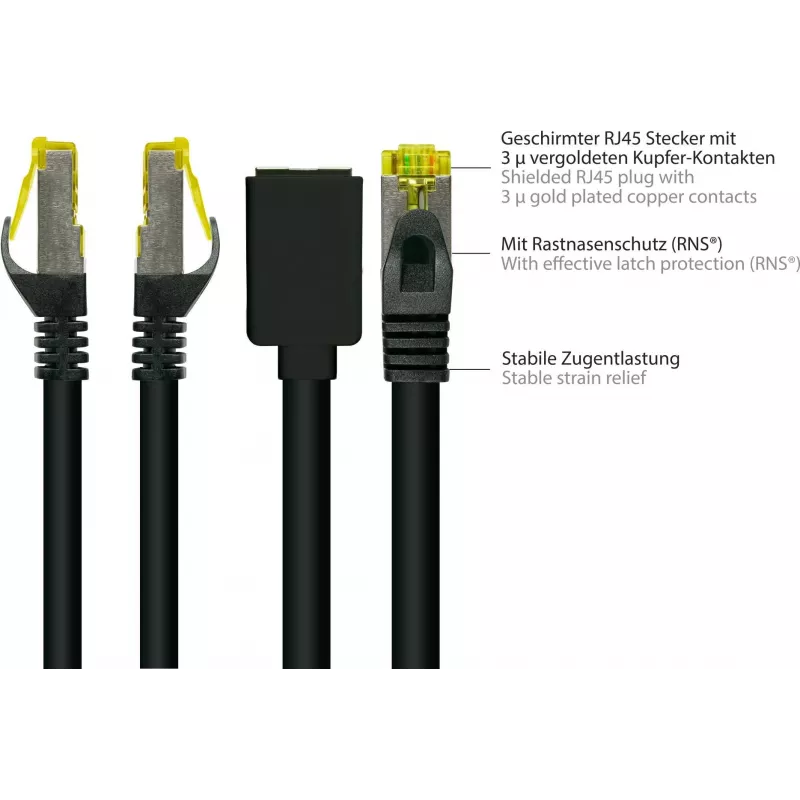 GoodConnections Cat.7 S/FTP cable alargador RJ45 con protección de pestaña, libre de halógenos, 1m, negro 8070VR-010S