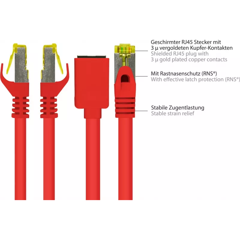 GoodConnections 8070VR-100R Cat.7 S/FTP RJ45 alargador de cable de red, PiMF, libre de halógenos, 600 MHz, OFC, protección de pestaña RNS, 10 m, rojo