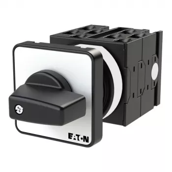 Eaton T0-4-8251/E Interruptor de levas bipolar de 3 posiciones ON-OFF-ON, 20A, 690V, IP65 frontal, empuñadura negra, placa frontal blanca 013971