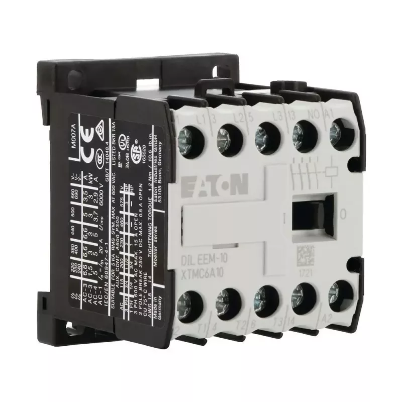 Minicontactor Eaton DILEEM-10, 3 polos, 9 A, bobina 230 V AC / 240 V AC, 1 contacto auxiliar NO, aislamiento 690 V 051608
