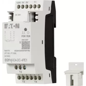 Eaton easyE4 DC 4PE1 módulo de ampliación de entradas RTD, 4 canales, Pt100/Pt1000/Ni100/Ni1000, bornes de tornillo, carril DIN, 24 V DC
