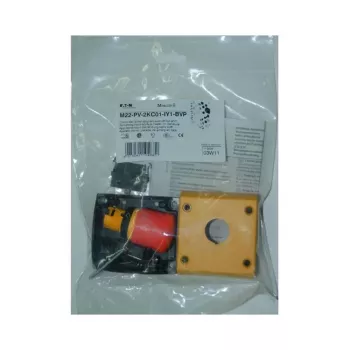 Eaton M22-PV-2KC01-IY1-BVP pulsador de parada de emergencia, 2 NC, desbloqueo por tracción, IP66, cabezal de seta rojo sobre collar amarillo 110939