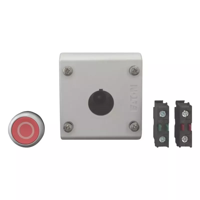 Eaton M22-D-R-X0/KC11/I actuador de pulsador con bloque de contactos, rojo, titanio, plástico, IP66/IP67/IP69 216521