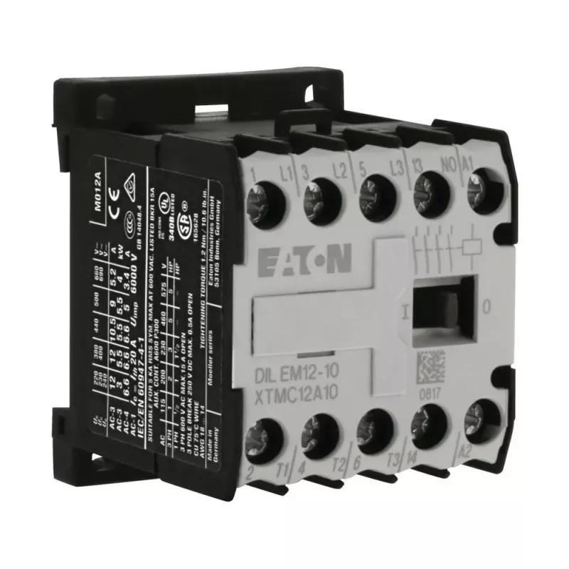 Eaton DILEM12-10 minicontactor, 3 polos, 12 A, bobina 230 V 50 Hz / 240 V 60 Hz, 1 contacto auxiliar NA, IP20, negro/blanco 127075