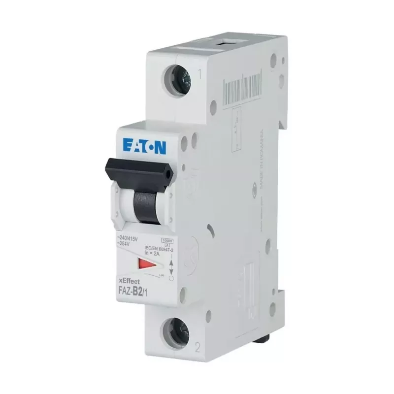 EATON FAZ-B2/1 interruptor automático magnetotérmico, 1 polo, tipo B, 2 A, 6 kA, 230/400 V AC, montaje en carril DIN, termomagnético 278523