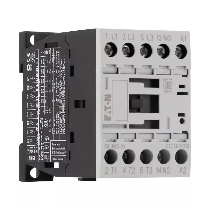 Eaton DILM15-10 contactor, 3 polos, bobina 230 V AC 50 Hz / 240 V AC 60 Hz, 1 contacto auxiliar NA, 15 A 290058