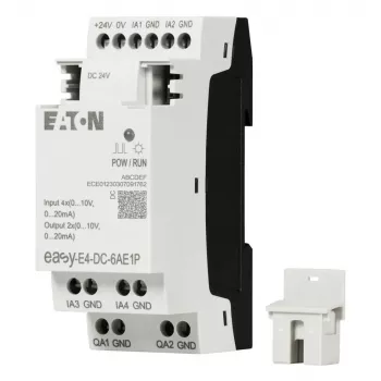 Eaton easyE4 DC 6AE1P módulo de ampliación PLC, 6 entradas digitales, 4 salidas de relé, 1 entrada analógica, 12/24 V DC, carril DIN 197516