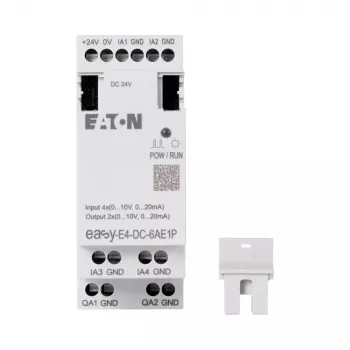 Eaton easyE4 DC 6AE1P módulo de ampliación PLC, 6 entradas digitales, 4 salidas de relé, 1 entrada analógica, 12/24 V DC, carril DIN 197516