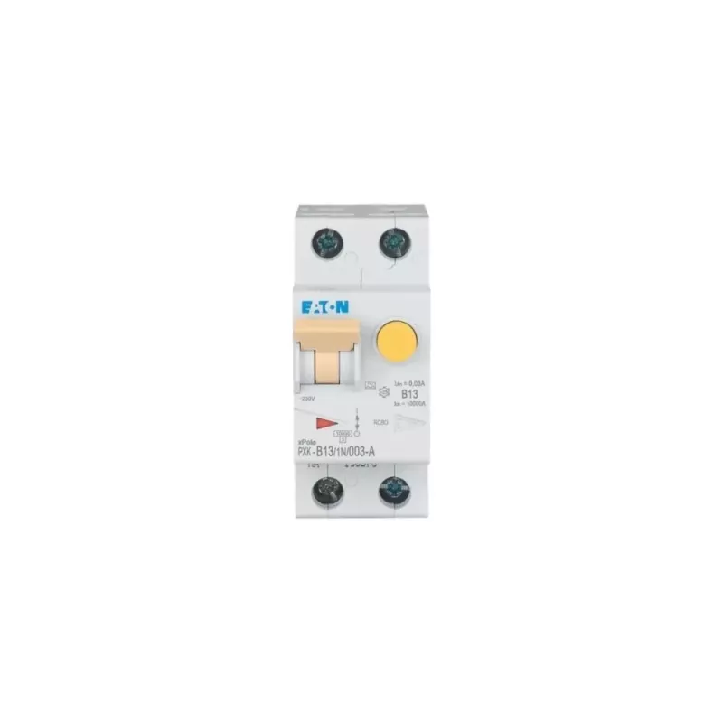 Eaton PXK-B13/1N/003-A RCBO, 13 A, 30 mA, 1P+N, curva B, 10 kA, 230 V AC, carril DIN, 2 módulos 236947