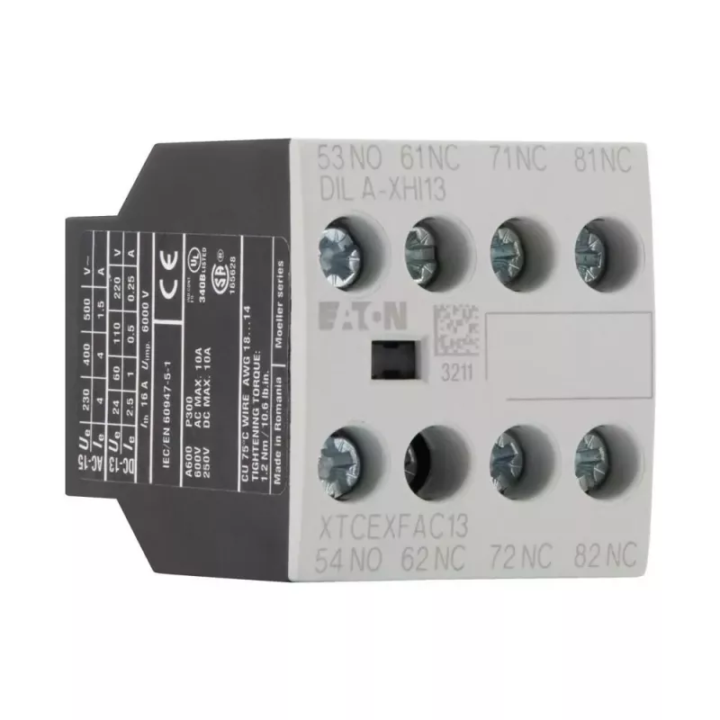 Eaton DILA-XHI13 bloque de contacto auxiliar, 4 polos, 1NO+3NC, bornes de tornillo, montaje frontal, para contactores DILM7-DILM38, negro/blanco 276425