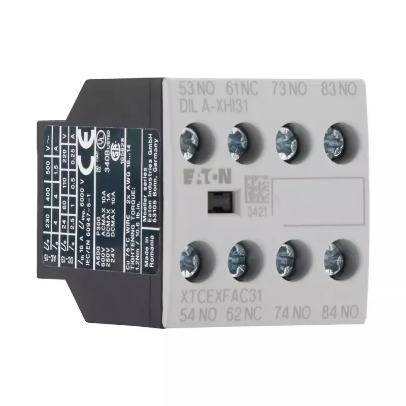 Eaton DILA-XHI31 bloque de contactos auxiliares, 3 NO + 1 NC, bornes de tornillo, montaje frontal, negro/blanco 276427
