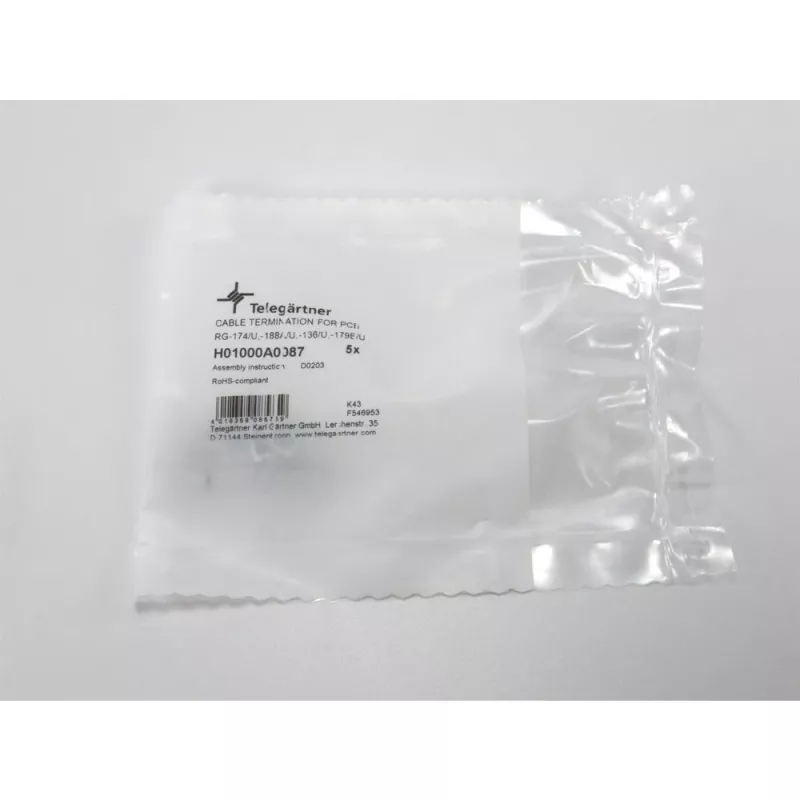 Telegärtner G07 conector coaxial PCB, conexión por soldadura/crimpado, 50 Ohm, dorado, para RG-316/U, pack de 5 H01000A0087